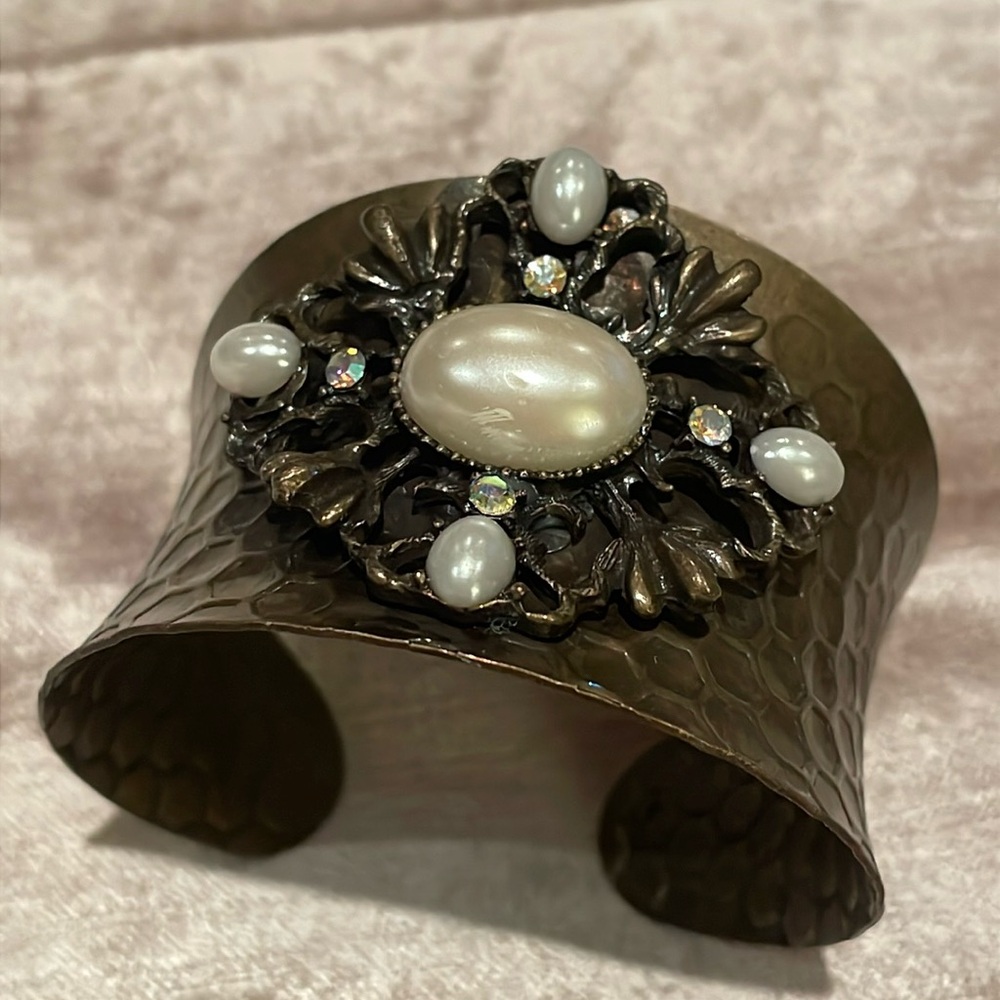 Bronze Honeycomb Faux Pearl Rhinestone Bracelet Cuff 6-9” Southwestern Style